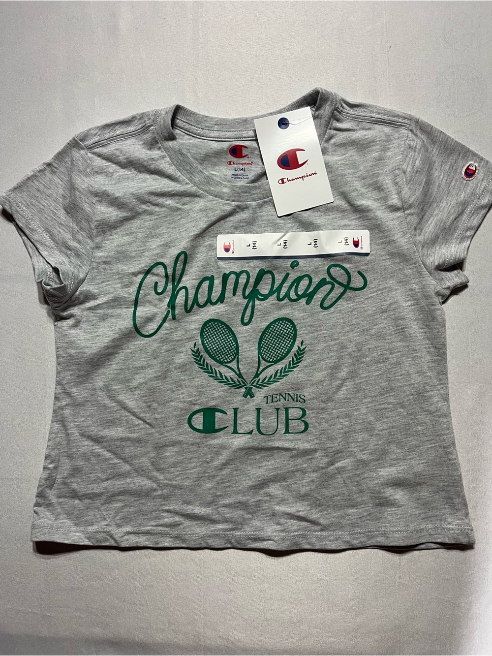 Champion Kids Large Gray Short Sleeve Tee with Green Tennis Club Graphic